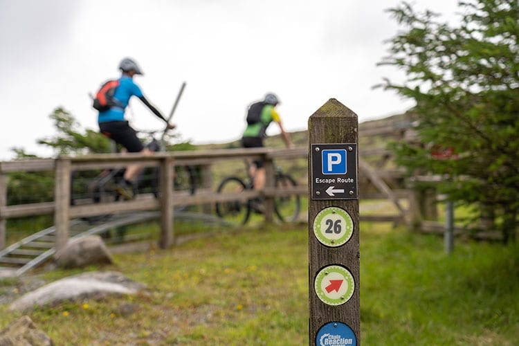 Two mountain bikers crossing a small bridge near marker 26 on the Rostrevor Red trail near Carlingford Lough and Mourne Mountains