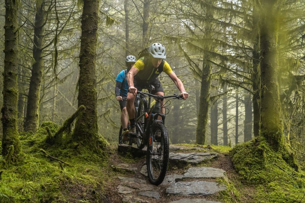 Two mountain bikers descending a rocky step on the Rostrevor Red trail in Kilbroney Forest Park near the Mourne Mountains