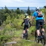 Three mountain bikers on the red trail at Castlewellan Forest Park near the Mourne Mountains